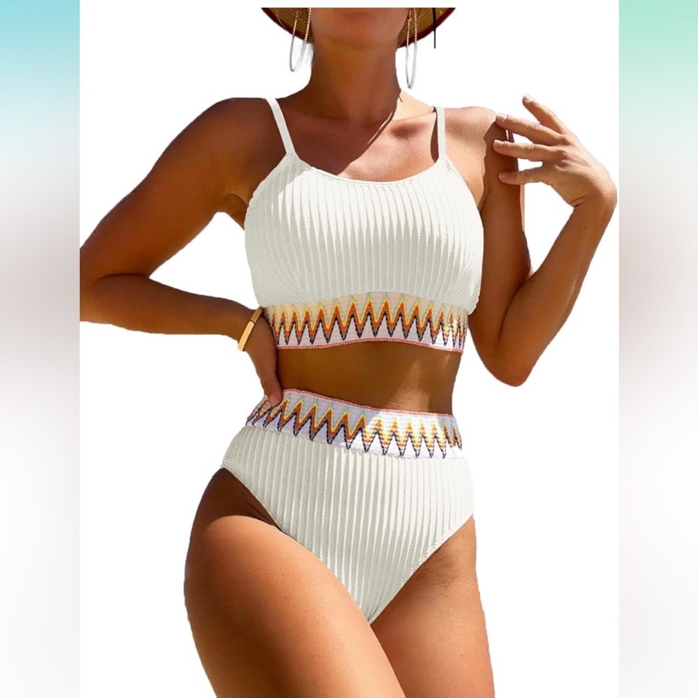 🚘High waisted White Ribbed Women Swim Set crop top high cut cheeky bathing suit